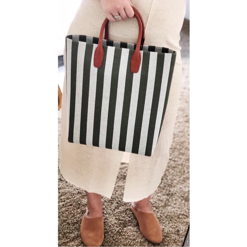 MANSUR GAVRIEL North Tote Moss/White Striped Handbag Box & Dust Bags Orig. $585 - Picture 3 of 11